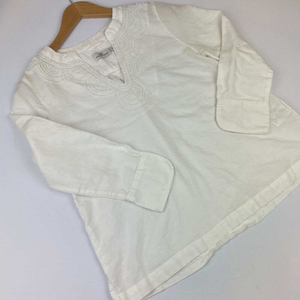 ~ Vineyard Vines XS Blouse Linen Cotton Beaded White Ivory Split Sleeve Hem Flaw - Picture 3 of 16